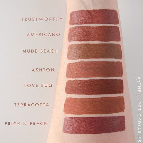 A comparison for the lovely @haneulnophi! (Sorry this is so late!) I went through my collection looking for any shades that might be similar to @thebalm_cosmetics' Trustworthy and this is what I found! There's a few that looked closer when you did a small swatch on the hand rather than the arm, haha! In order: @ofracosmetics Americano, @givemeglowcosmetics Nude Beach, @anastasiabeverlyhills Ashton, @colourpopcosmetics Love Bug, @makeupmonsterscosmetics Terracotta, @colourpop Frick N Frack. I ... Nyx Honeymoon, Colourpop Lippie Pencil, Brown Liquid Lipstick, Mat Makeup, Liquid Lipstick Swatches, Lipstick For Fair Skin, Lipstick Art, Love Bug, Lipstick Swatches