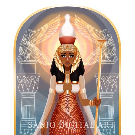 Depcition of an Egyptian goddess Mut, mother goddess, queen of the gods, holding a scepter, in a red dress with golden wings, wearing a big black wig with vulture headdress and the Upper and Lower Egypt crown. Gods Mythology, Egyptian Goddess Art, Moon God, Ancient Egypt Gods, Egyptian Fashion, No Children, Egyptian Mythology, Mother Goddess, Egyptian History