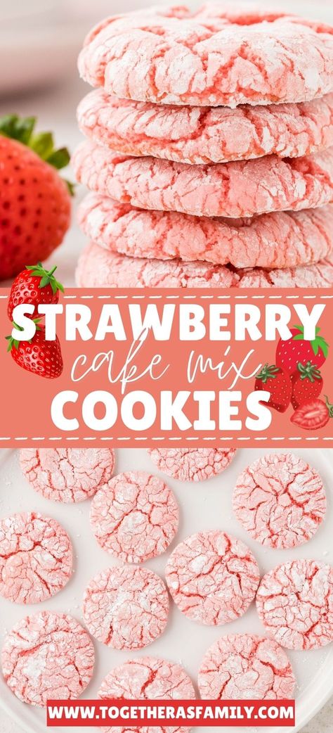 Strawberry Cake Mix Cookies only need 5 ingredients! Soft-baked strawberry cookies, that start with a cake mix, are rolled in powdered sugar and then baked. They get perfect sweet crinkly tops while they bake in the oven. Strawberry Cool Whip, Strawberry Cake Cookies, Whip Cookies, Strawberry Cake Mix Cookies, Cool Whip Cookies, Boxed Cake Mixes Recipes, Cake Mix Desserts, Strawberry Cake Mix, Cake Mix Cookie Recipes