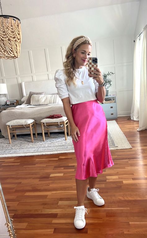 Pink Skirt And Top Outfit, Bright Pink Skirt Outfit, Hot Pink Silk Skirt Outfit, Pink Satin Midi Skirt Outfit, Hot Pink Satin Skirt Outfit, Pink Long Skirt Outfit, Hot Pink Silk Skirt, Pink Outfit Skirt, Pink Silk Skirt Outfit