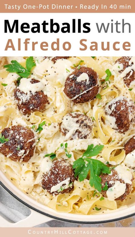 See how to make the best meatballs alfredo! Tender meatballs with alfredo sauce are creamy, fla-vorful, and perfect for a family dinner that comes together in under 1 hour and just one pot. Serve with hot pasta for a satisfying and comforting meal. Since meatball alfredo pasta reheats well, you can prep the meal a few days in advance, too. Includes variations for meatball subs, pasta bake, and Italian-inspired alfredo meatballs with ground turkey and ground chicken. | CountryHillCottage.com Meatball Alfredo Recipes, Turkey Meatball Alfredo Pasta, Alfredo Pasta With Meatballs, Meatball Fettuccine Alfredo, Ground Turkey And Alfredo Sauce Recipes, Alfredo Sauce With Meatballs, Meatballs In Alfredo Sauce, Meatballs With White Sauce Pasta, Alfredo And Meatballs