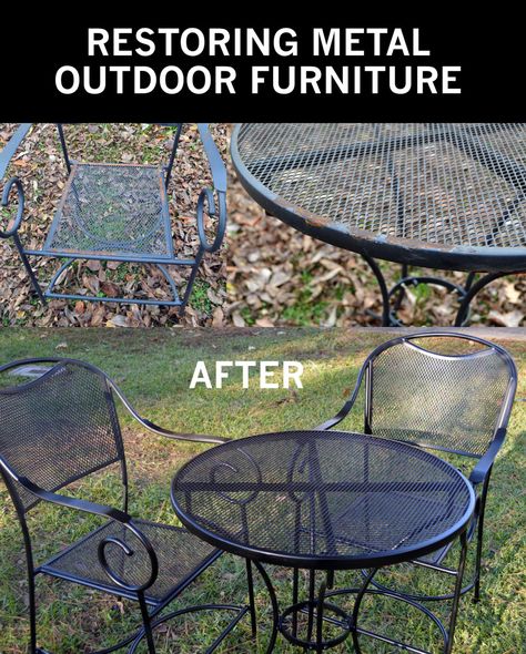 How to take your rusty outdoor metal furniture and restore it to "like new" condition. Outdoor Table And Chairs, Metal Garden Furniture, Patio Furniture Makeover, Iron Patio Furniture, Vintage Patio, Wrought Iron Patio Furniture, Metal Outdoor Furniture, Wrought Iron Furniture, Metal Patio Furniture