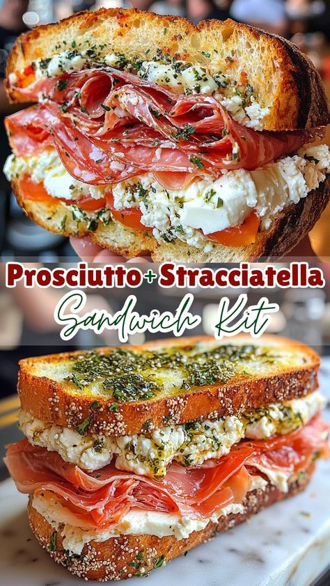 Prosciutto + Stracciatella Sandwich Kit Proscuitto Mozzarella Sandwich, Italian Prosciutto Sandwich, Italian Burrata Sandwich, Panzanella Sandwich, Recipes With Prosciutto, Fresh Mozzarella Sandwich, Stracciatella Recipe, Prosciutto Bread, Stracciatella Cheese