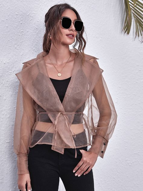 Apricot Glamorous  Long Sleeve Organza Plain Other Embellished Non-Stretch Spring/Summer Women Outerwear Organza Jacket, Black Pants Outfit, Small Jacket, Women Outerwear, Women Jackets, Pants Outfits, Belted Jacket, Jacket Long, Summer Jacket