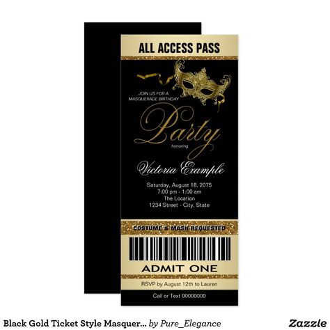 Quinceanera Masquerade, Sweet 16 Masquerade Party, Gold Ticket, Mardi Gras Invitations, Masquerade Party Invitations, Sweet 16 Party Invitations, Masquerade Ball Party, Ticket Style, Adult Party Themes