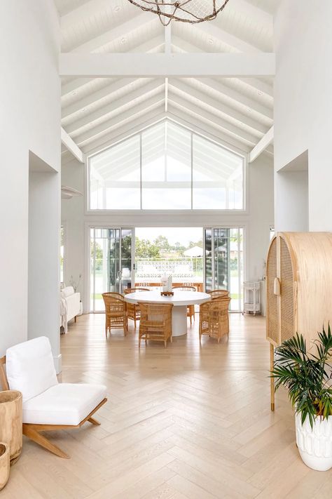 Step Inside The Coastal Barn Dream Home That Is The Definition of House Goals Coastal Home Exterior, Modern Coastal Farmhouse, Beach House Flooring, Modern Coastal Home, Contemporary Coastal, Coastal Modern, Modern Beach House, Exposed Beams, Concrete Design