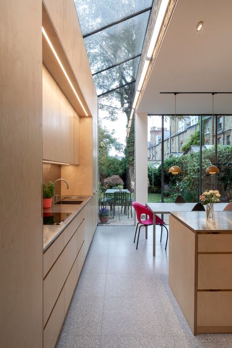 This kitchen area is flooded with natural light thanks to a multi-panel glass roof that Cantifix designed and installed...   #roof #kitchen #home #modern #glazing #beautifulhome Kitchen Extension Outside View, Dining Room Skylight, Kitchens With Glass Roof, Kitchen With Glass Roof, Uk Kitchen Extension, Open Kitchen Garden, Edwardian House Extension, Modern Flat Roof Extension, House Back Extension