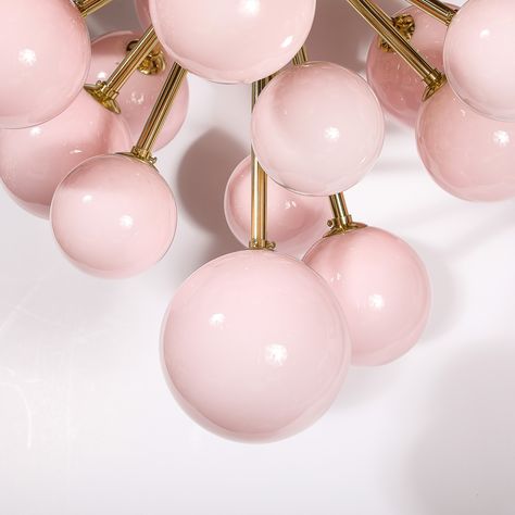 Modernist Handblown Murano Frosted Pink Hue Glass & Brass Sputnik Chandelier This elegant and well balanced Modernist Handblown Murano Glass Sputnik Chandelier w/ Frosted Pink Hued Shades & Brass Fittings originates from Italy during the 21st Century. Features a sputnik form with a spherical brass center from which numerous arms extend, housing rounded hand-blown glass shades in a beautiful frosted pink hue. Diffusing the light and providing a lovely combination of geometric and organic sens... Pink Pendant Light, Sputnik Chandelier, Brass Fittings, Murano Glass, Hand Blown Glass, Blown Glass, 21st Century, Hand Blown, Glass Shades