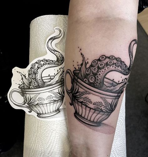 Witches Brew Tattoo, Gothic Tea Cup Tattoo, Ocean Witch Tattoo, Spooky Teacup Tattoo, Barnacle Tattoo, Teacups Tattoo, Tea Cup Tattoo, Tentacle Tattoo, Tea Tattoo