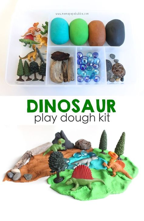 Dinosaur Playdough Kit. So fun for a dinosaur unit or a just because rainy day activity. Dinosaur Playdough, Diy Play Doh, Play Doh Kits, Playdough Party, Dough Ideas, Dinosaur Play, Dinosaur Dinosaur, Playdough Activities, Playdough Kits