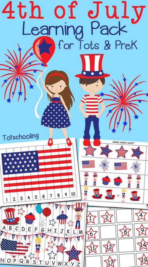 FREE Fourth of July/ Independence Day pack for toddlers and preschoolers to practice numbers, counting, alphabet, letter sounds, prewriting, fine motor skills, puzzles and more! Independence Day Activities, Patriotic Activities, Global Studies, July Art, Summer Preschool, Travel America, Beautiful Crafts, Do A Dot, Summer Learning