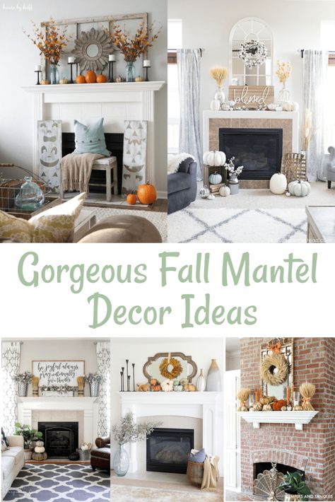 16 Gorgeous Fall Mantel Decor Ideas - The Clever Side Fall Mantle Decor With Tv, Fall Fireplace Mantel Decor, Mantle Fall Decor, Mantle Decor With Mirror, Fireplace Fall Decor, Fall Fireplace Decor Mantles, Fireplace Hearth Decor, Fall Fireplace Mantel, Thanksgiving Mantel Decor