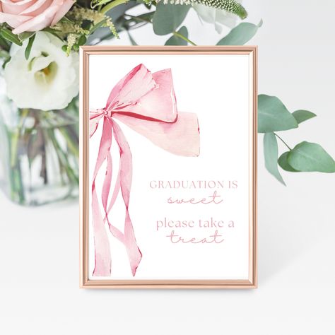 Jump on the bow trend with our Pink Coquette "Graduation is Sweet, please take a treat" signs! This beautiful watercolor design is the perfect addition to any party or special occasion.  Size: 8x10 and 5x7 ✨INSTANT DIGITAL DOWNLOAD Please note that this listing is for a digital download only. No physical product will be shipped after purchase. ✨TERMS OF USE: Welcome to Peaches and Pink. By accessing and using our digital products, you agree to the following terms: * Usage Rights: You have the right to use our digital products for personal purposes only. You are not permitted to share, edit, resell, or distribute them in any way. Love Shack Fancy Graduation Party, Pink Bow Graduation Party, Coquette Graduation Party, Coquette Graduation, Bow Trend, Loveshack Fancy, College Grad Party, Watercolor Bow, Graduation Party Table