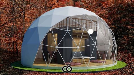 This architectural concept is designed for easy application, mass production and glamping villages or hotels Cardboard Dome, Dome Home Kits, Architectural Design Concept, Geodesic Dome Tent, Dome Glamping, Geodesic Sphere, Building A Sauna, Tent Platform, Bnb Ideas