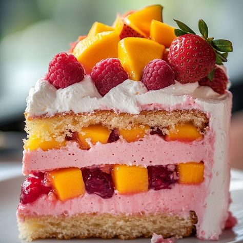 Indulge in a slice of heaven with this Strawberry Mango Split Cake! 🍓🥭 A creamy cheesecake filling topped with fresh fruit and whipped cream—perfect for any occasion. Give it a try and taste the tropical delight! Ingredients: For the crust: 2 cups graham cracker crumbs 1/2 cup unsalted butter, melted 1/4 cup granulated sugar For the filling: 16 oz (450g) cream cheese, softened 1 cup powdered sugar 1 teaspoon vanilla extract 1 cup diced strawberries 1 cup diced mango 1 cup whipped cream For ... Strawberry Mango Cake, Graham Cracker Layer Cake, Mango And Strawberry Cake, Summer Bliss Strawberry Cake, Mango Graham Ice Cream, Fruit And Whipped Cream, Mango Graham, Diced Strawberries, Split Cake