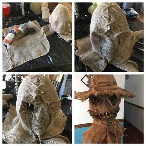 My version of a Scary Scarecrow mask. I used burlap, adhesive spray, twill string, a styrofoam mannequin head, a cowboy hat from goodwill, and paint. The adhesive spray really helped in shaping the features. Loved how this turned out! Now to create his body.. stay tuned Diy Scarecrow Head Ideas, Diy Halloween Scarecrow Decoration, Burlap Halloween Mask, Diy Scary Scarecrow Costume, Scarecrow Head Ideas, Scarecrow Mask Diy, Scarecrow Costume Scary, Mannequin Head Halloween Ideas, Scary Scarecrow Diy