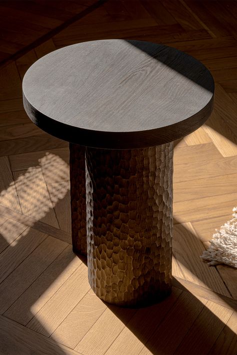 The Artesão side table celebrates skilled wood craftsmanship and is testament to the beauty of handmade furniture. The table's most striking feature is its massive central plinth, which is hand-carved and finished by Porto-based German craftsman Philipp Grundhöfer. The plinth is split in half and offset, producing a visually dynamic structure that creates a sense of asymmetry that is both intriguing and beautiful. Photography by Jonas Bjerre-Poulsen Wood Block Side Table, Wood Craftsmanship, Loose Furniture, Pedestal Side Table, Living Area Design, Creative Architecture, River View, Norm Architects, Deer Valley