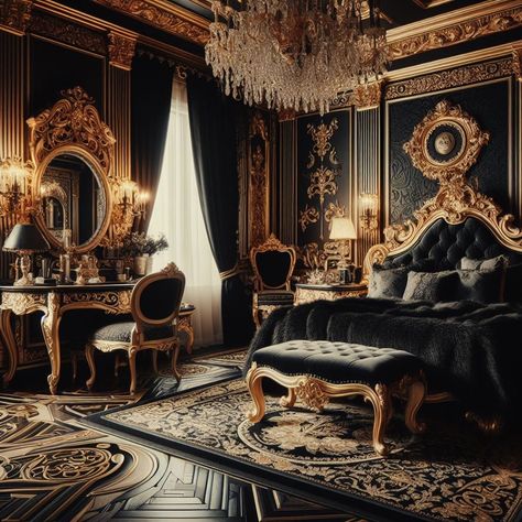 Black and Gold Bedroom Vintage Vanity Maximalist Bedroom Ideas, Dark Romantic Bedroom, Dark Cozy Bedroom, Dark And Moody Bedroom, Vintage Bedroom Ideas, Goth Bedroom, Victorian Bedroom, Moody Bedroom, Mens Bedroom