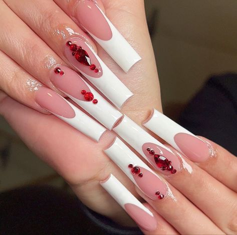 White French Tip Nails With Red Gems, Black French Tip Nails With Red Gems, Simple White And Red Nails, Nude Nails With Red Rhinestones, Buchi Fresa Nails, Red Tapered Square Nails, Beginner Nails, Mexican Nails, Brown Acrylic Nails