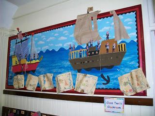 It's a Jungle Out There! A Kindergarten Blog: Lots of Classroom Theme Ideas.... Pirate Bulletin Boards, Pirate Theme Classroom, Classroom Theme Ideas, Pirate Classroom, Nautical Classroom, Clutter Free Classroom, Class Theme, Pirate Day, Adventure Theme