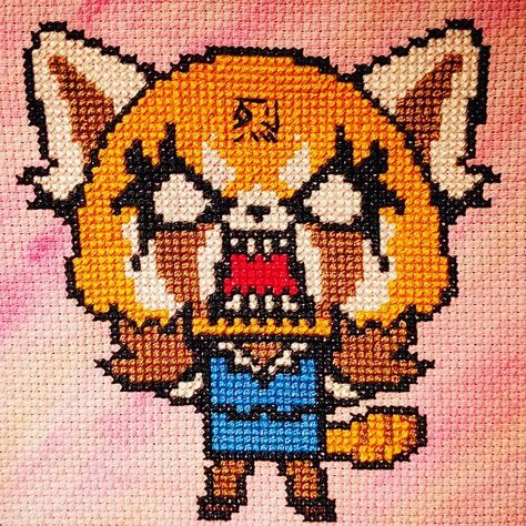 Aggretsuko cross stitch on painted background. Aggretsuko Background, Aggretsuko Crochet, Perler Christmas, Geeky Cross Stitch, Pixel Beads, Painted Background, Small Cross Stitch, House And Home, Cross Stitch Alphabet