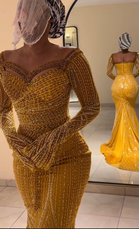 Orange Nigerian Dress, Aso Ofi Gown Style, Kente Traditional Wedding Dress, Ghana Wedding Guest Outfit, Brown Asoebi Styles, Yellow African Dress, Burnt Orange Asoebi, Yellow Asoebi, Gold Aso Ebi