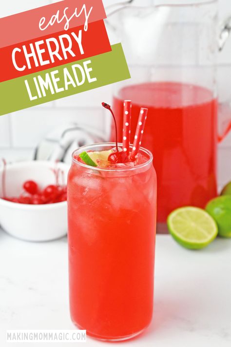 This delicious Cherry Limeade recipe makes an entire pitcher of limeade for the whole family to enjoy! Cherry Limeade Recipe, Roasted Vegetables With Chicken, Easy Bruschetta Recipe, Greek Chicken Kabobs, Homemade Strawberry Lemonade, Limeade Recipe, Strawberry Lemonade Recipe, Grilled Chicken Kabobs, Yummy Summer Drinks