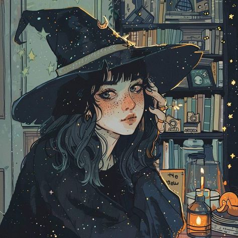 Moon Witch Drawing, Halloween Illustration Witch, Cottagecore Witch Art, Crystal Witch Art, Spooky Aesthetic Pfp, Dark Witch Character Design, Holding A Lantern Pose Drawing, Teenage Witch Aesthetic, Witch Pfp Aesthetic