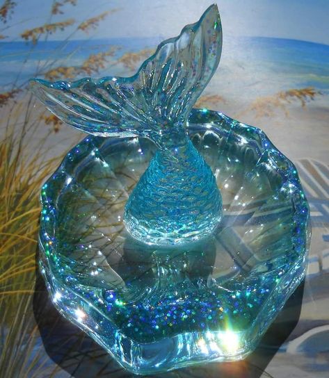 "\"Mermaid Tail Jewelry Dishes\" Aren't they just magical?  For the mermaid in all of us these eye catching handcrafted MERMAID Tail Jewelry dishes are so sparkly they glisten in the sunlight... The perfect gift for younger mermaids as well as older ones like us! Seashell dish measure 5\" in size with a 4\" mermaid tail for holding dangle earrings... the dish is great for loose jewelry like rings and bracelets Made with long lasting crafter's resin from start to finish by myself.  *Each mermaid Mermaid Tail Blue, Jewelry Dishes, Mermaid Pictures, Mermaid Lover, Mermaid Aesthetic, Cute Mermaid, Ocean Theme, Mermaid Necklace, Seashell Crafts