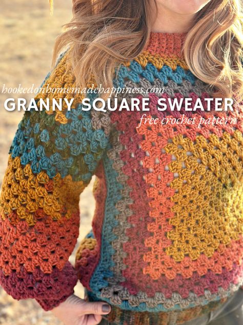 Granny Square Sweater Crochet Pattern - Hooked on Homemade Happiness Square Sweater Crochet Pattern, Granny Square Sweater Crochet Pattern, Square Sweater Crochet, Baby Hats Knitting Free, Crocheted Tops, Long Crochet Cardigan, Crochet Flower Squares, Square Sweater, Boho Crochet Patterns