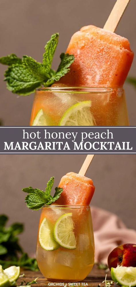 Get ready to bring the heat with our Hot Honey Peach Margarita Mocktail! This drink is like a party in a glass—sweet, spicy, and oh-so-refreshing. With juicy peaches, a kick of fiery hot honey, and a hint of tangy lime, it's guaranteed to make your taste buds dance. Ready in 5 minutes only. Add in Popsicle + Alcoholic option. | peach mocktail recipe | mocktails with peach | hot honey mocktails | margarita mocktail recipe | non alcoholic peach drinks | summer drink recipes | summer drinks Peach Drink Recipes Nonalcoholic, Mocktails For Tea Party, Peach Mocktail Recipe, Peach Drinks Non Alcoholic, Spicy Mocktail Recipe, Summer Mocktails Non Alcoholic, Mocktail Recipe Non Alcoholic, Margarita Mocktail Recipe, Margarita Mocktail