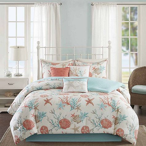 Madison Park Pacific Grove 7-pc. Easy Care Comforter Set - JCPenney Beach Comforter, Teal Duvet Cover, Cotton Comforter Set, Coastal Bedding, Beach Bedding, Coastal Bedroom, Modern Bedroom Decor, King Comforter Sets, Queen Comforter Sets