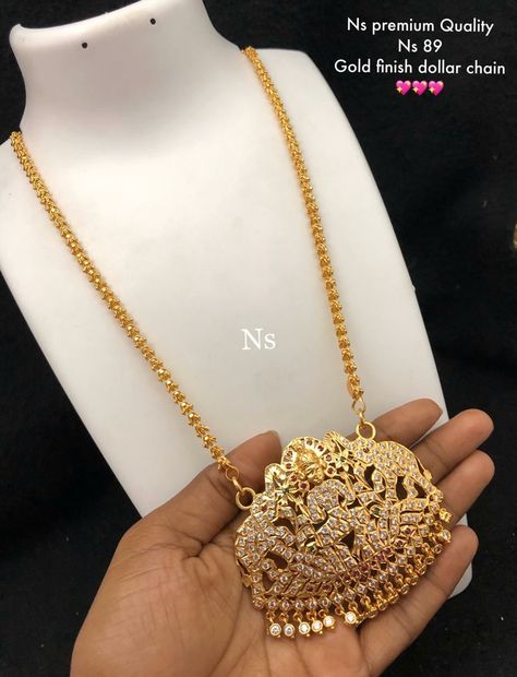 whatsapp 9486115312. worldwide shipping #onegramgold available at #arshis #templejewellery Stone Dollars Gold, Gold Dollars, Dollar Chain, 22 Carat Gold Jewellery, Jewel Design, Long Haram, Antique Necklaces Design, Gold Jewelry Outfits, Pendant Sets