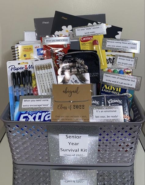 High School Senior Basket Ideas, First Day Of Senior Year Gift Basket, Grad Baskets For Guys, Senior Year Gift Basket, First Day Of Senior Year Gift, First Day Of Senior Year Gift Ideas, Senior Basket Ideas, Grad Basket Ideas, Senior Baskets Gift Ideas High Schools