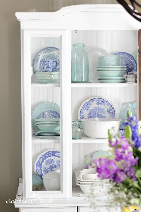 Feature Friday: Craftberry Bush - Southern Hospitality China Cabinet Decor, Blue And White Dishes, Hutch Styling, Aqua Decor, Hutch Decor, China Cabinet Display, China Display, Cabinet Style, White Dishes