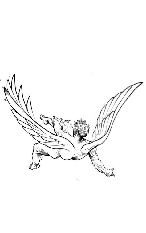 Angel Laying Down, Fallen Angel Tattoo Outline, Icarus Drawing Simple, Falling Angel Tattoo, Simple Angel Tattoos, Greek Illustration, Small Angel Tattoo, Falling Angel, Chest Tattoo Stencils