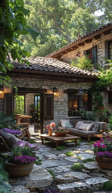 Tuscany House Aesthetic, Italian Homes Exterior Tuscany, Italian House Aesthetic Exterior, Rustic Italian Home Exterior, Tuscany Stone House, Italian Country Home, Fun Lighting, Forest Cottage, Diy Porch