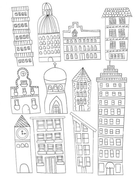 Set of 11 Doodle Buildings City Graphics Clipart Images Apartment Clock Tower Skyscraper House High Building Doodles Simple, Skyscraper Doodle, London Printables, Apartment Building Drawing, Buildings Doodle, Building Sketches Simple, Buildings Tattoo, Skyscraper House, Building Doodles