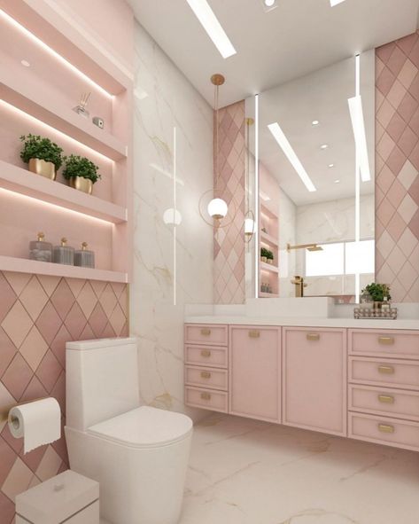 Pink Bathroom Tile, Small Rental Bathroom, Rental Bathroom Makeover, Feminine Bathroom, Pink Bathroom Tiles, Feminine Room, Makeover Bathroom, Girly Bathroom, Rental Bathroom