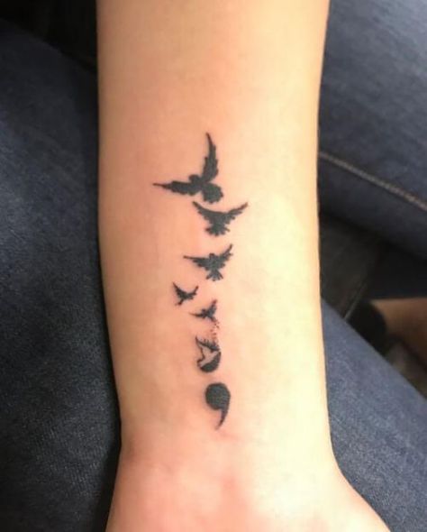 Bird And Semicolon Tattoo, Semi Colon Bird Tattoo, Semi-colon Tattoo Ideas For Men, Semi Colon Tattoos For Women, Unique Semi-colon Tattoo Ideas, Semi Colon Tattoos, Unique Semicolon, Semicolon Tattoo Ideas, Semi Colon Tattoo