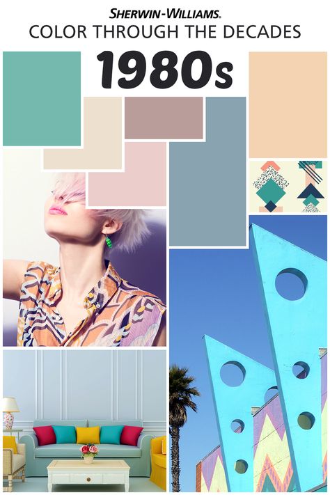 We’re celebrating our 150th Anniversary with a look back at popular color palettes from years past, including everyone’s favorite big-hair decade, the 1980s. Thanks to the “Miami Vice” effect, pastels like baby blues, dusty pinks and grays were among the most popular hues. Ready to add some throwback color to your house? Try Dressy Rose SW 6024, Casa Blanca SW 7571, Favorite Jeans SW 9147, Collonade Gray SW 7641, Flattering Peach SW 6638, Cooled Blue SW 6759 or Rosy Outlook SW 6316. 80s Paint Colors, 1980 Color Palette, 1980s Color Palette, 80s Color Palette, Collonade Gray, Color Palette Interior Design, Interior Design History, Vintage Colour Palette, Retro Color Palette