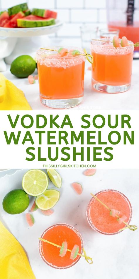 Vodka Sour Watermelon Slushies. Yes, you read that right. Just wait until you see the ingredients! This good-for-your-soul recipe is sure to satisfy your sweet tooth and nostalgic love of chewy candy. #watermelonslushies #summercocktail Sour Patch Watermelon Drink, Sour Watermelon Vodka Drinks, Sour Watermelon Cocktail, Watermelon Vodka Recipes, Watermelon Sour Patch, Watermelon Slushies, Watermelon Slushy, Vodka Watermelon, Nostalgic Love