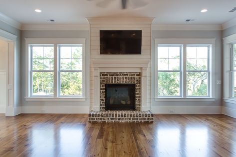 Tv On Shiplap Fireplace, Fireplace Surrounds Shiplap, Bedroom Fireplace Between Windows, Fireplace Placement Ideas, Fireplace With Doors On Each Side, Windows By Fireplace, Fireplace With No Hearth, Fireplace With Windows On Both Sides, Windows Next To Fireplace