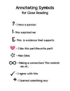 Annotation Symbols for Close Reading Annotating Tips, Annotation Symbols, Reading Annotations, Close Reading Anchor Chart, Kelly Gallagher, Reading Strategies Anchor Charts, Anchor Charts First Grade, Book Annotation Tips, Annotating Books