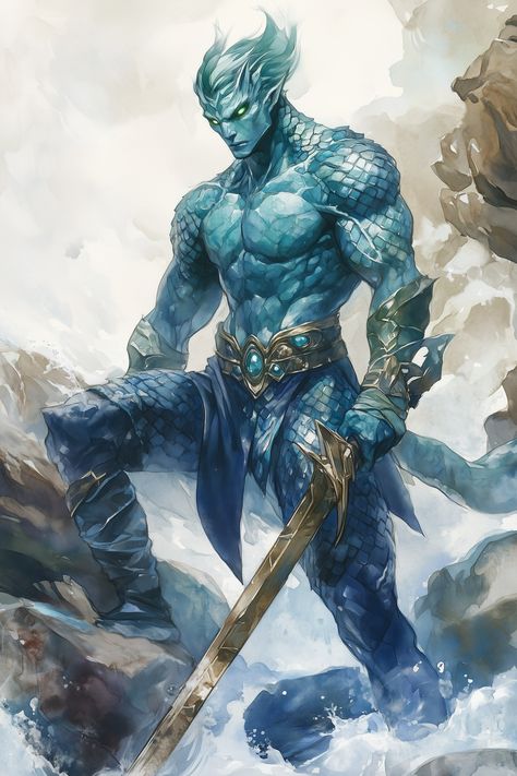 Vorkel Tharune stands with the imposing, muscular stature of a seasoned triton fighter. His skin is a vivid azure, like ocean depths, and bears iridescent scales with a sheen of emerald and sapphire. His short navy hair resembles cresting waves, accentuated by a jagged coral headpiece. Vorkel's eyes, a captivating seafoam green, contrast with the ornate, bronze sword he carries. Triton Male Dnd, Triton Dnd Male, Triton Fighter, Coral Headpiece, Dnd Triton, Triton Dnd, Fighter Dnd, Character Showcase, Fantasy Faction