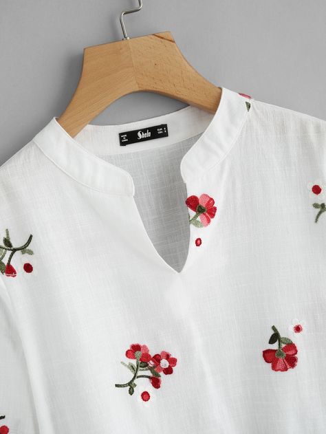 Ditsy Floral Embroidery Dip Hem Smock Top | SHEIN USA Ditsy Embroidery, Saree Blouse Styles, Clothes Embroidery Diy, White Embroidered Dress, Stylish Short Dresses, Top Shein, Hand Embroidery Flowers, Kurta Designs Women, Embroidery On Clothes