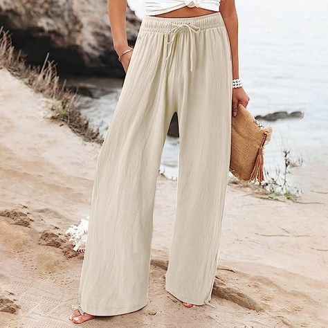 Beige Pants Loose Fit Pants For Summer Spring Beach Trouser Pants Casual Trousers Beige Linen Trousers Color Pants, Solid Color Pants, Casual Wide Leg Pants, Loose Trousers, Female Clothing, High Waist Fashion, Long Trousers, Weave Style, Beach Pants