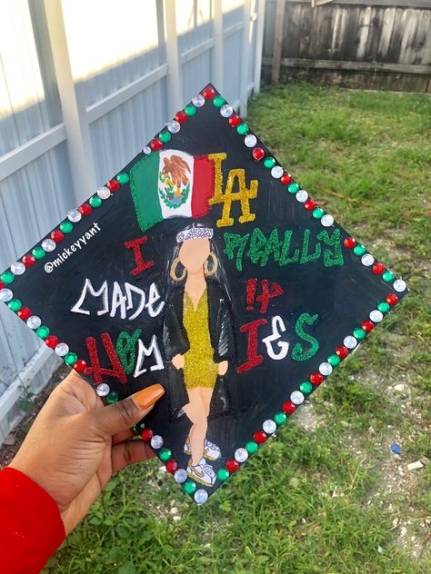 I really made it homies  Mexican flag  Mexico  Nike Cortez  LA Los Angeles  Grad cap  Instagram : @mickeyyant Mickeyyant.com Mexican American Graduation Cap, Chicana Graduation Cap, Chicano Graduation Cap, Mexican Flag Drawing, Mexican Graduation Cap, Cap Instagram, Graduations Ideas, Latina Graduation, Birthdays Decorations