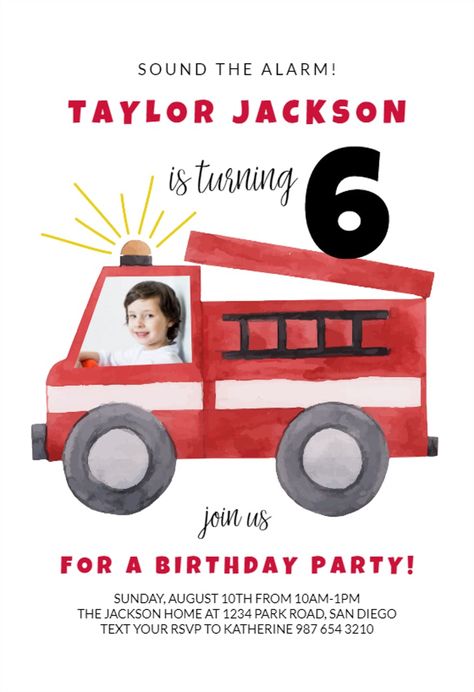 Watercolor Firetruck Verticle - Birthday Invitation Template (Free) | Greetings Island Fireman Invitation Template, Firetruck Birthday Party Invitations, Firetruck Printables Free, Fire Truck Birthday Invitations, Firetruck Invitation, Fire Engine Birthday Party, Fire Engine Birthday, Birthday Invitation Design, Fire Truck Birthday