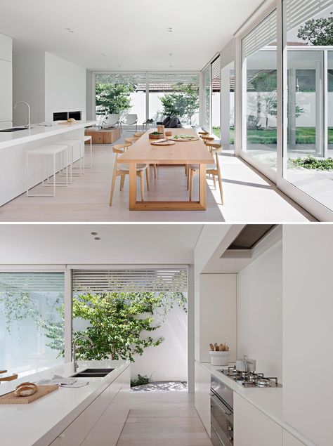 The Minimalist White Exterior Of This Modern House Opens To A Matching White Interior Modern White Interior, Bright White Interior, House In Australia, White House Interior, House Design Interior, Open Plan Kitchen Dining Living, Modern Minimalist House, Open Plan Kitchen Dining, Minimalist House